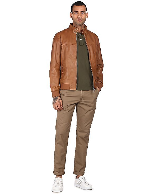 Men Brown High Neck Harrington Jacket - Image 2