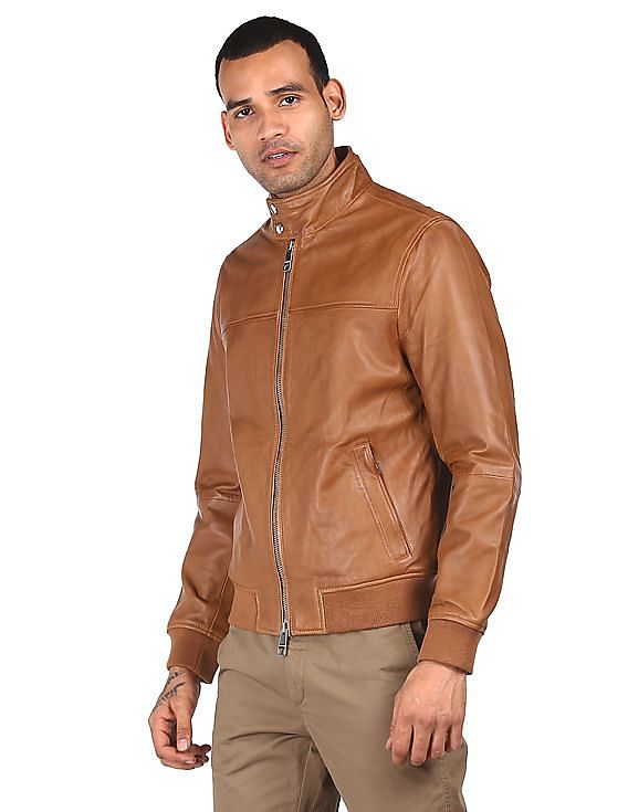 Men Brown High Neck Harrington Jacket - Image 3