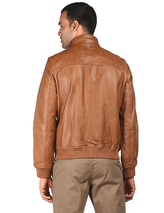 Men Brown High Neck Harrington Jacket - Image 4