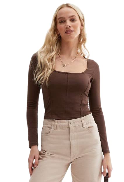 SIGHTBOMB Cold Shoulder Corset Seam Full Sleeve Ribbed Tops for Women