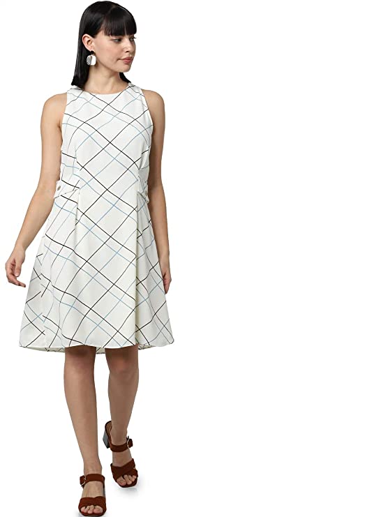 VERO MODA Womens Round Neck Checked Shift Dress