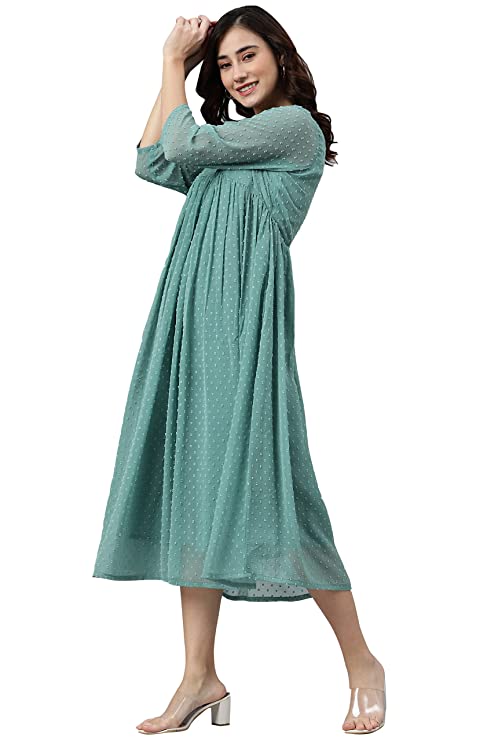 Janasya Women's Turquoise Blue Poly Chiffon Self Design Flared Western Dress - Image 2