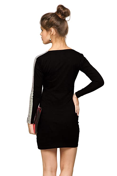 Miss Chase Women's Black Designer Super Soft Round Neck Full Sleeves Mini Bodycon Dress with Sequin Strip on Sleeves - Image 3