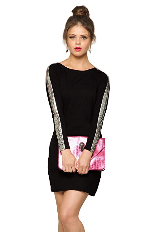 Miss Chase Women's Black Designer Super Soft Round Neck Full Sleeves Mini Bodycon Dress with Sequin Strip on Sleeves