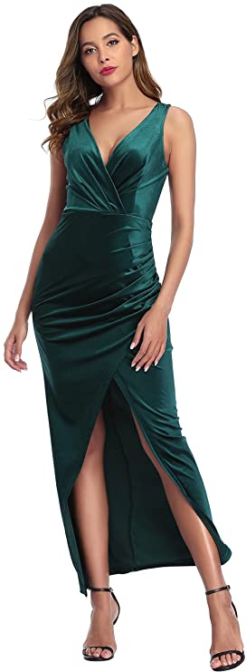Babalet Women's Elegant Velvet Formal Dress Bodycon Evening Prom Sleeveless Ruched Dress