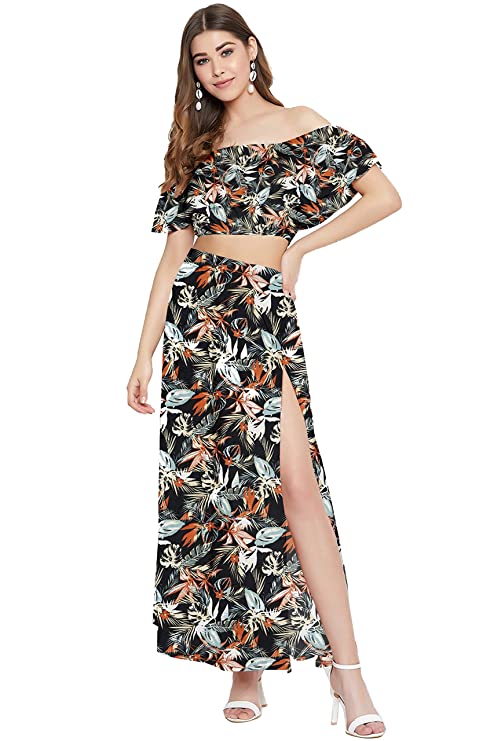 COOL AND CASUAL Women's Floral Printed Two Piece Dress Western Dress for Women