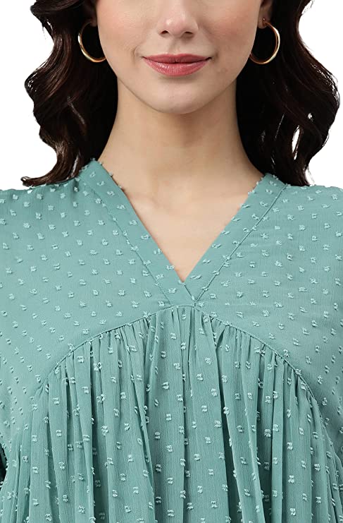 Janasya Women's Turquoise Blue Poly Chiffon Self Design Flared Western Dress - Image 3